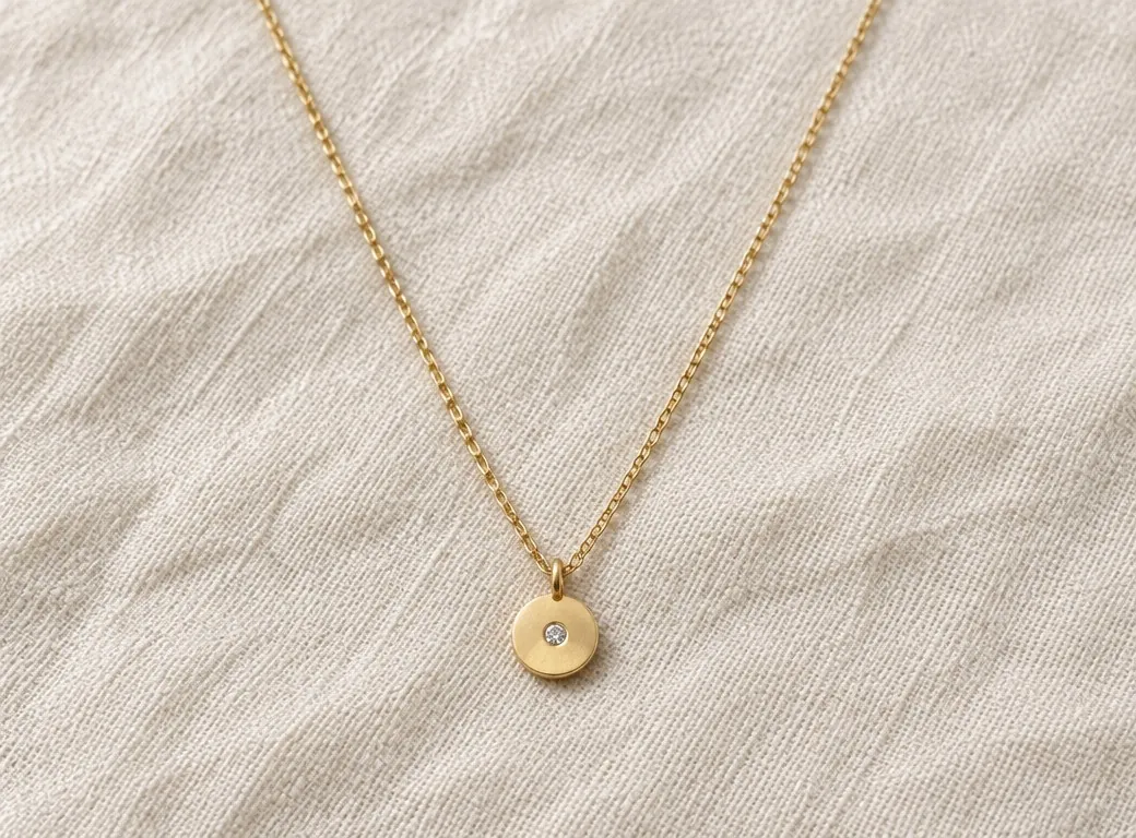 First image: the necklace centered on light linen, landscape