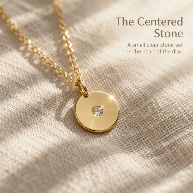 Close-up of the disc pendant on linen, "The Centered Stone: A small clear stone set in the heart of the disc."