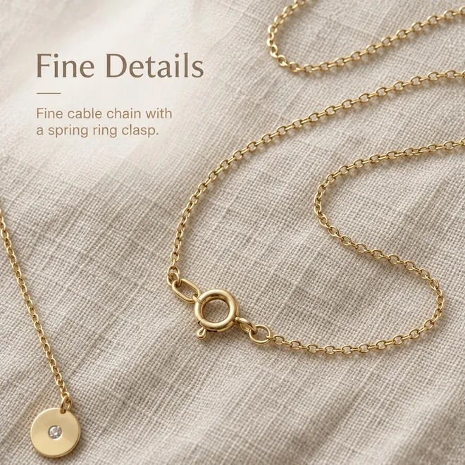The chain and spring ring clasp on linen, "Fine Details: Fine cable chain with a spring ring clasp."