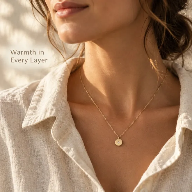 A woman in a linen shirt wearing the necklace, "Warmth in Every Layer"