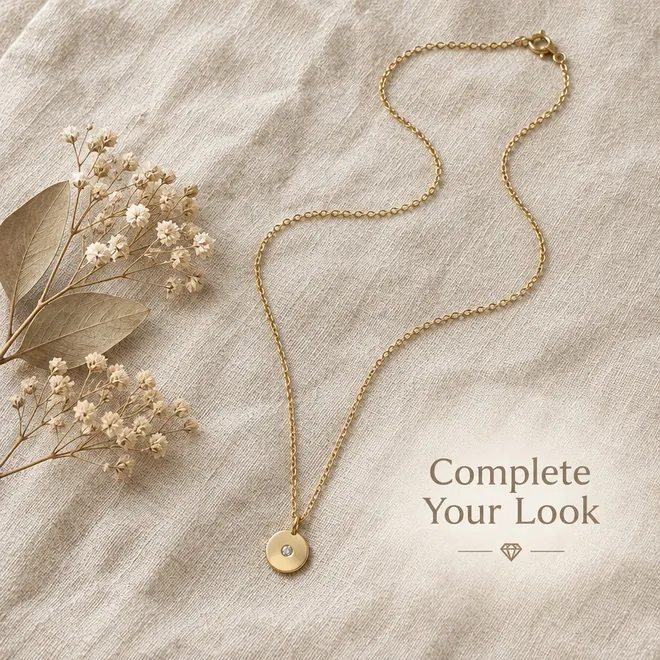 The necklace on linen beside dried flowers, "Complete Your Look"