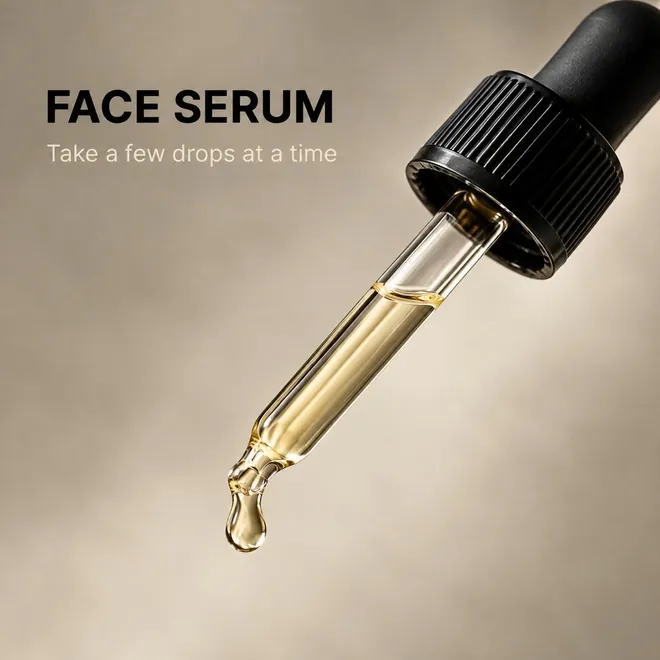 The glass dropper with a drop at its tip, "Face Serum: take a few drops at a time"
