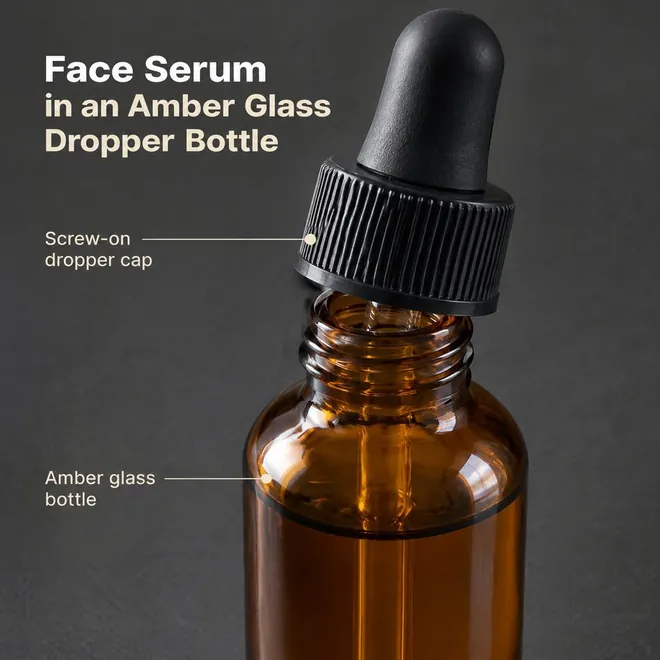Close-up of the cap and the bottle, "Face Serum in an Amber Glass Dropper Bottle", with callouts for the screw-on cap and the amber glass