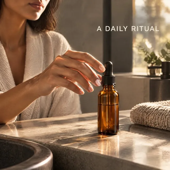 Lifestyle image: a woman reaching for the bottle on a bathroom counter, "A Daily Ritual"