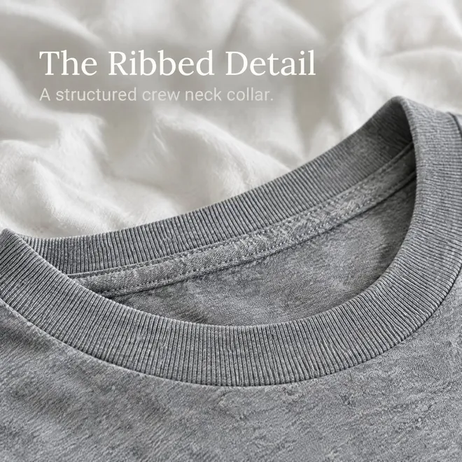 Close-up of the ribbed collar, "The Ribbed Detail: a structured crew neck collar"