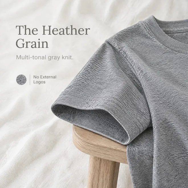 The sleeve and knit up close, "The Heather Grain: multi-tonal gray knit, no external logos"