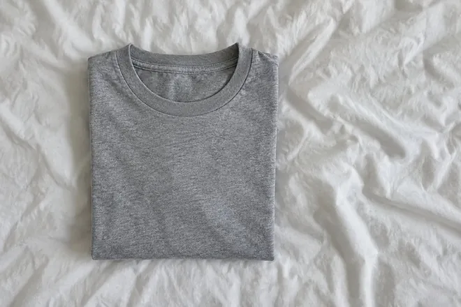 A phone-style photo of the t-shirt folded on a white duvet