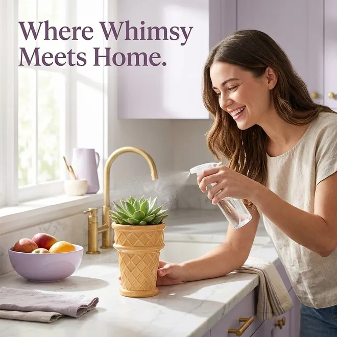 Lifestyle image ReddStudio made: a woman misting a succulent in the cone planter in a kitchen