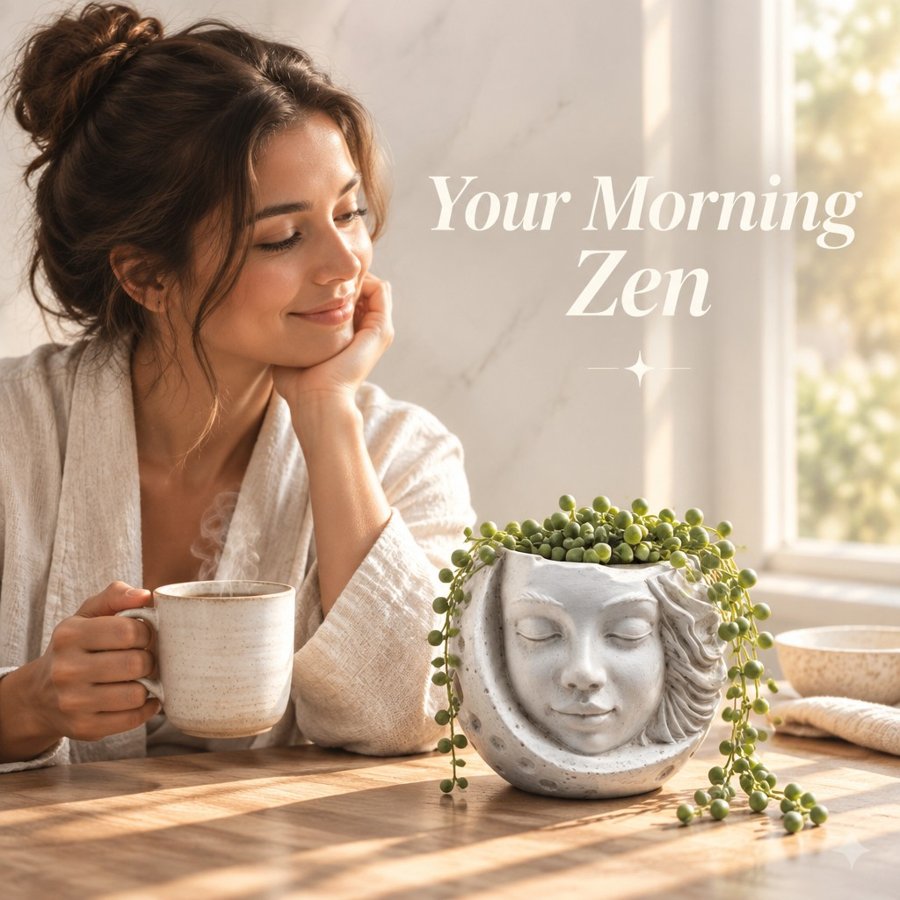 Lifestyle image: the planter with string-of-pearls on a sunny table, headline "Your Morning Zen"