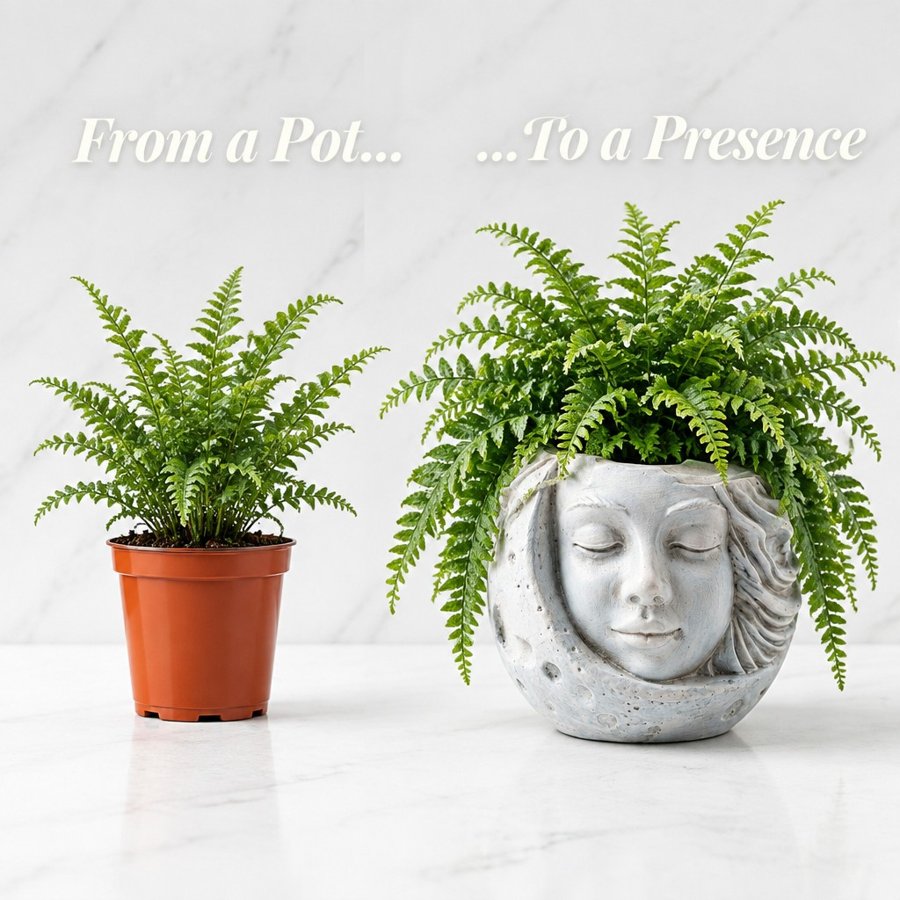 Before and after: a fern in a plain plastic pot, then in the moon face planter