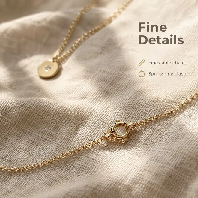 Close-up of the disc pendant and the spring ring clasp on linen, "Fine Details: fine cable chain, spring ring clasp"