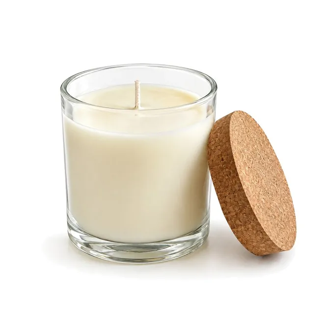 Main image of the soy candle in its glass jar with the cork lid, on a white background