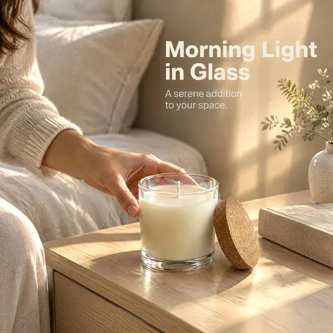 Lifestyle image: a hand setting the candle on a bedside table, "Morning Light in Glass"