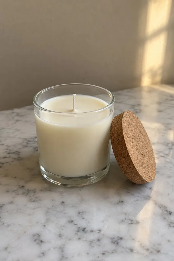 A phone-style photo of the candle on a marble counter, its cork lid leaning on the jar