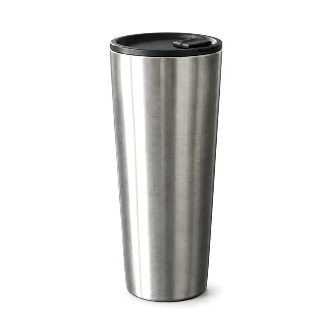 Main image of the steel tumbler with its black lid on a white background