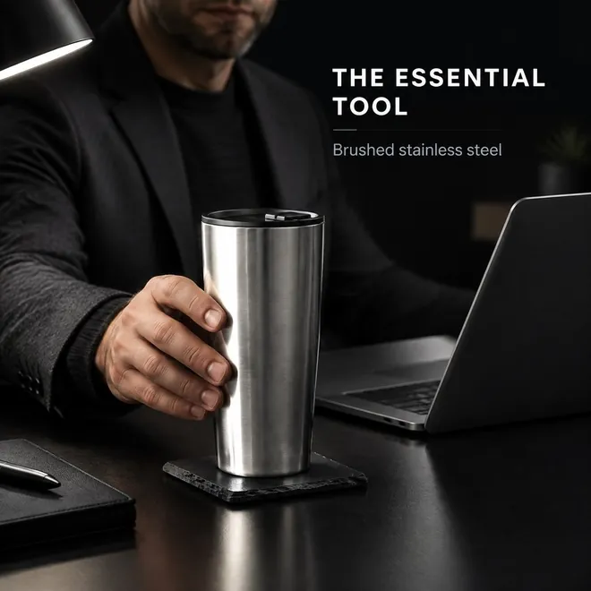 Lifestyle image: a man at a desk reaching for the tumbler, "The Essential Tool: brushed stainless steel"