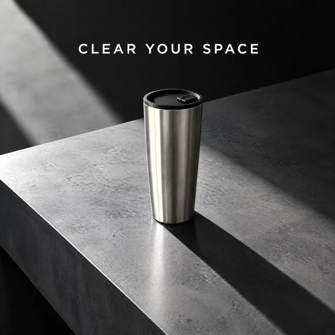 The tumbler alone on a concrete counter in window light, "Clear Your Space"