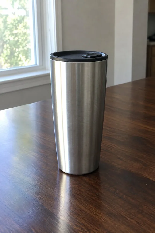 A phone-style photo of the tumbler on a walnut table by a window