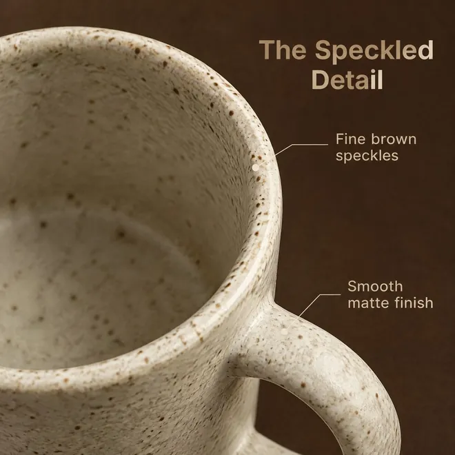 Inside view of the mug, "The Speckled Detail: fine brown speckles, smooth matte finish"