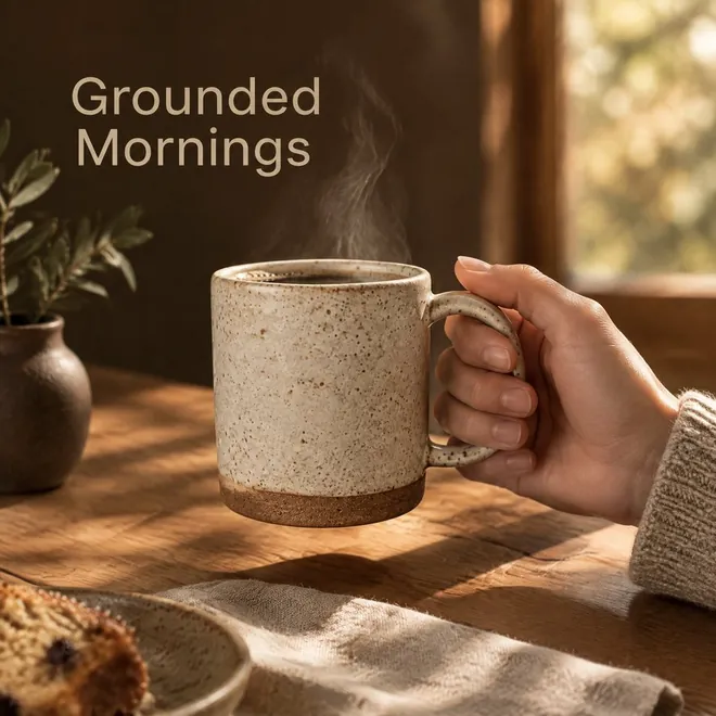 Lifestyle image ReddStudio made: a hand holding the mug of coffee by a window