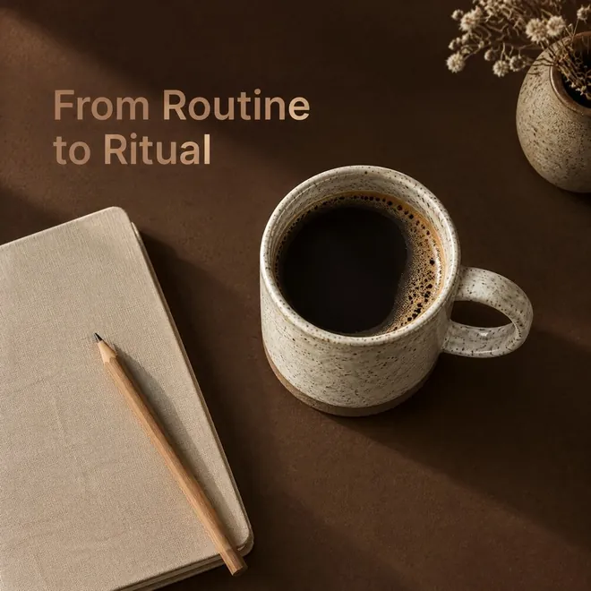 The mug of coffee from above beside a notebook and pencil, "From Routine to Ritual"