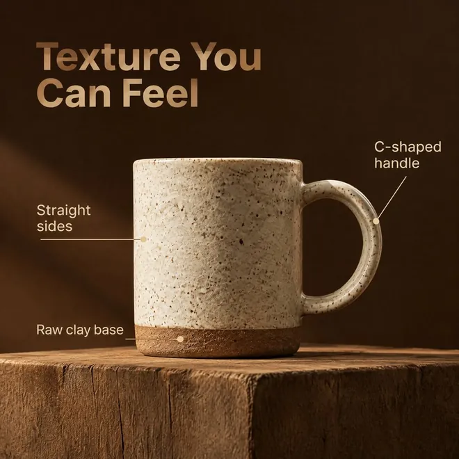 The mug with three callouts, "Texture You Can Feel: straight sides, C-shaped handle, raw clay base"