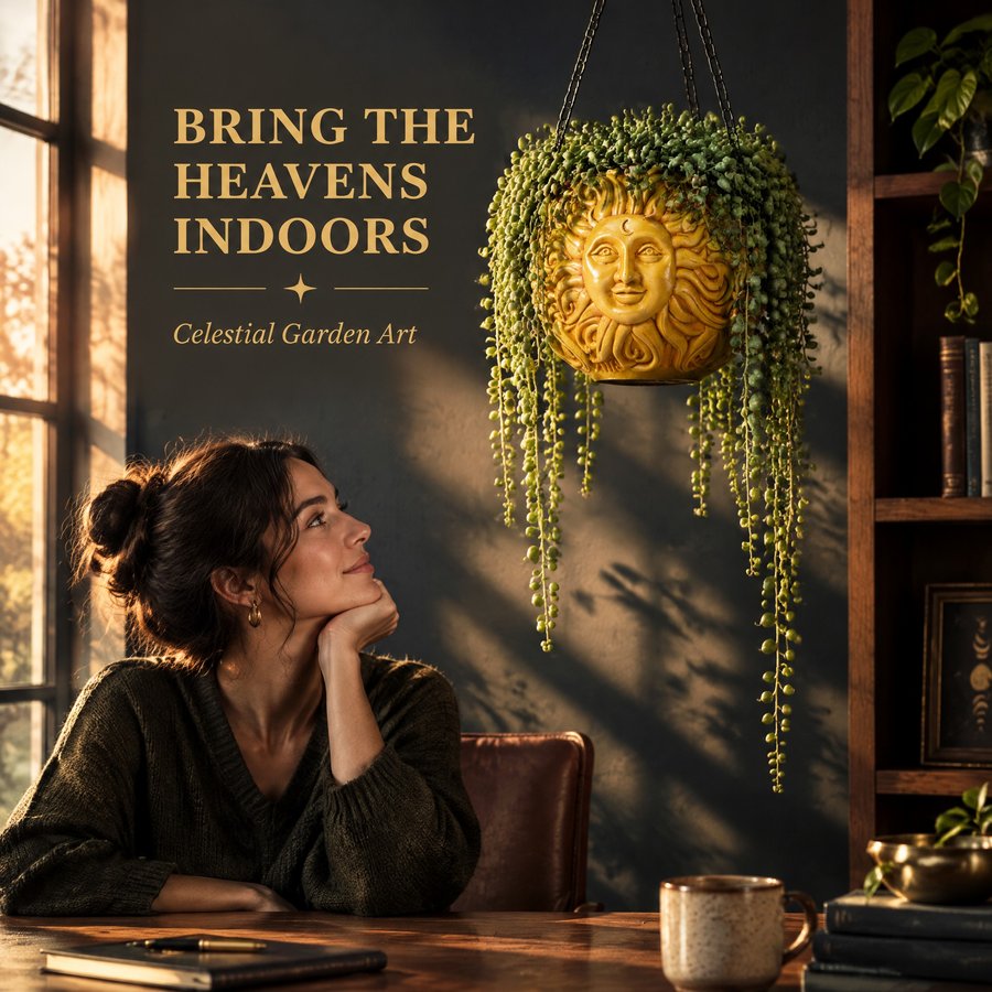 Lifestyle image made from that photo: a woman looking up at the sun planter by a window, "Bring the Heavens Indoors"