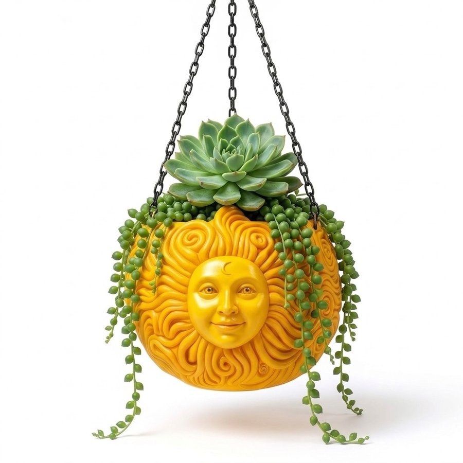 Main image of the sun face planter hanging from a chain, on white