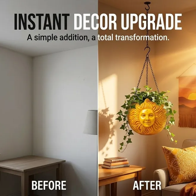 Before and after image ReddStudio made: an empty corner, then the sun face planter hanging there