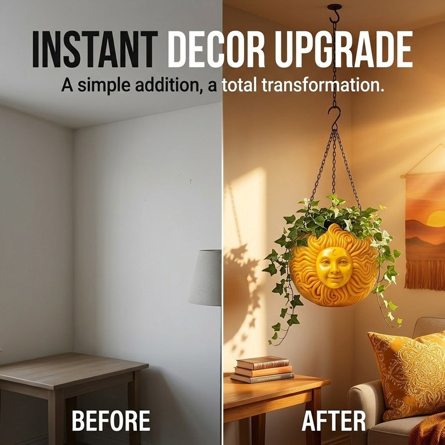 Before and after: an empty corner, then the same corner with the sun planter hanging, "Instant Decor Upgrade"