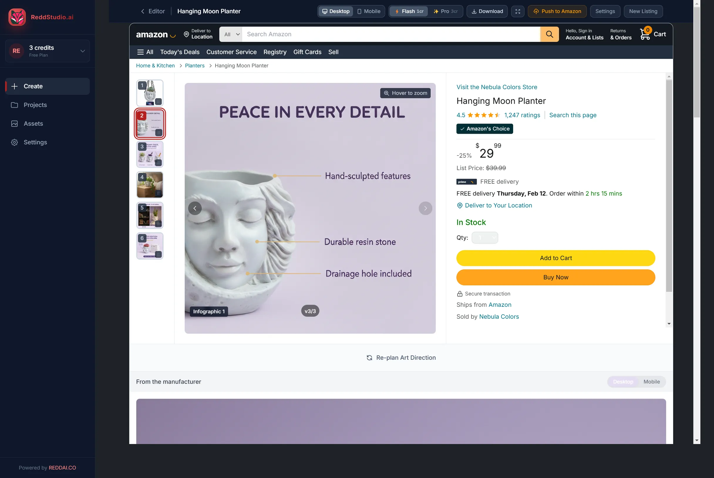 In-app Amazon listing preview with thumbnails, product info, and push-to-Amazon button