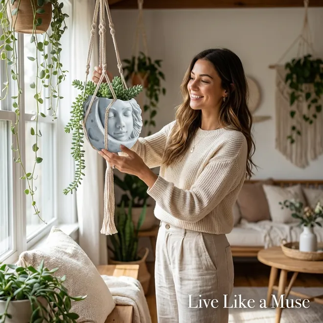 Lifestyle image ReddStudio made: a woman hanging the moon face planter by a window